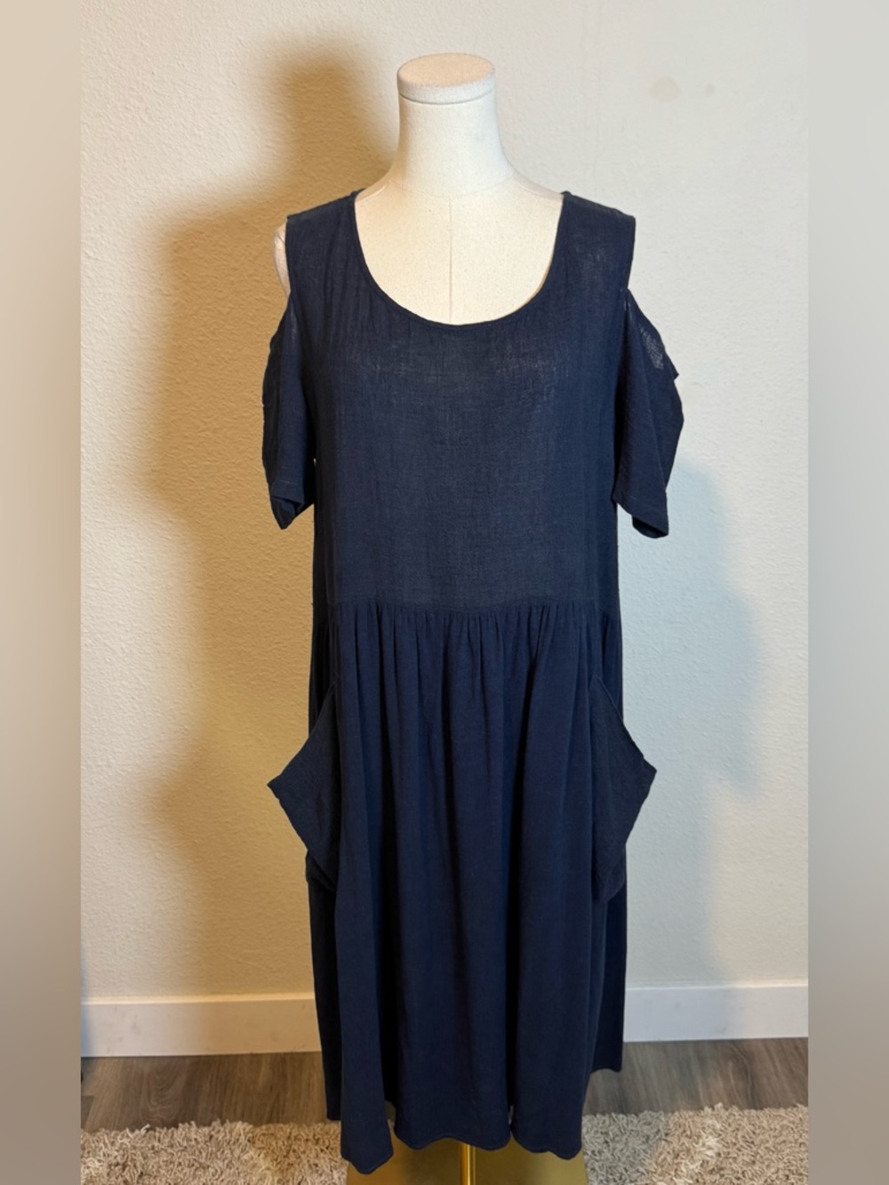 Igor “Rocky” Navy Tunic Dress with Cold Shoulders & Pockets Oversized size Small